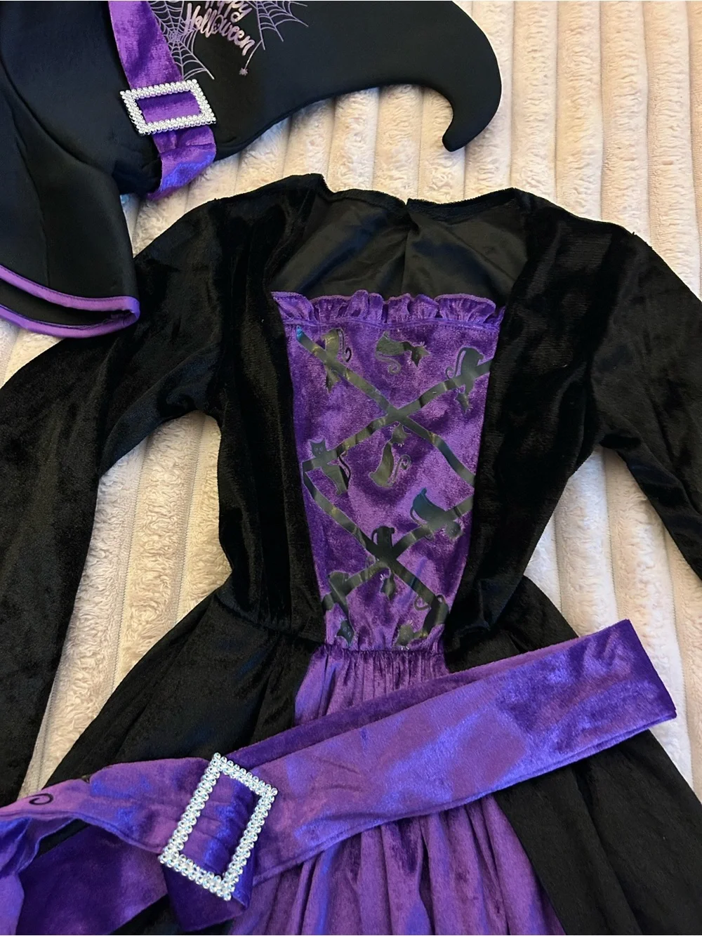 Girls Black & Purple Witch Costume Dress with Hat and 2 Broomsticks